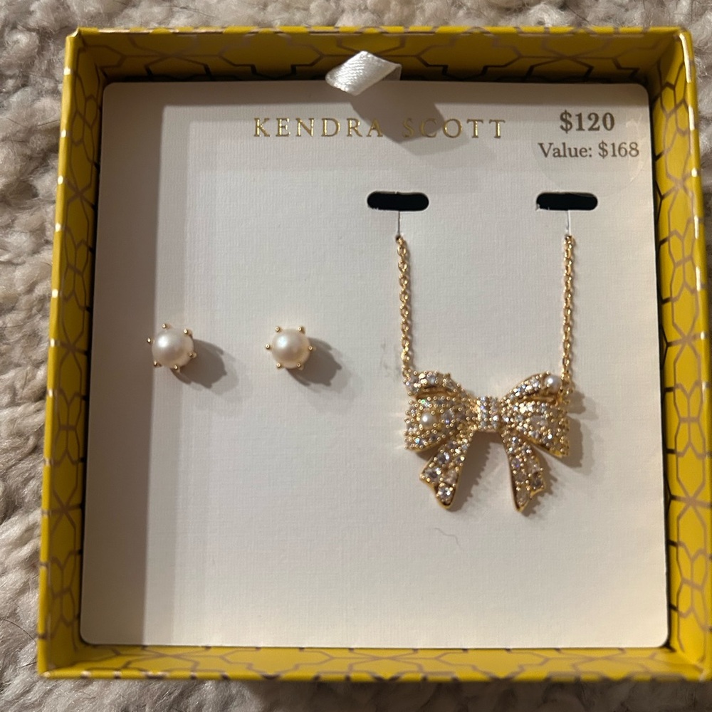 Kendra Scott Gold Bow Necklace with Pearl Earrings